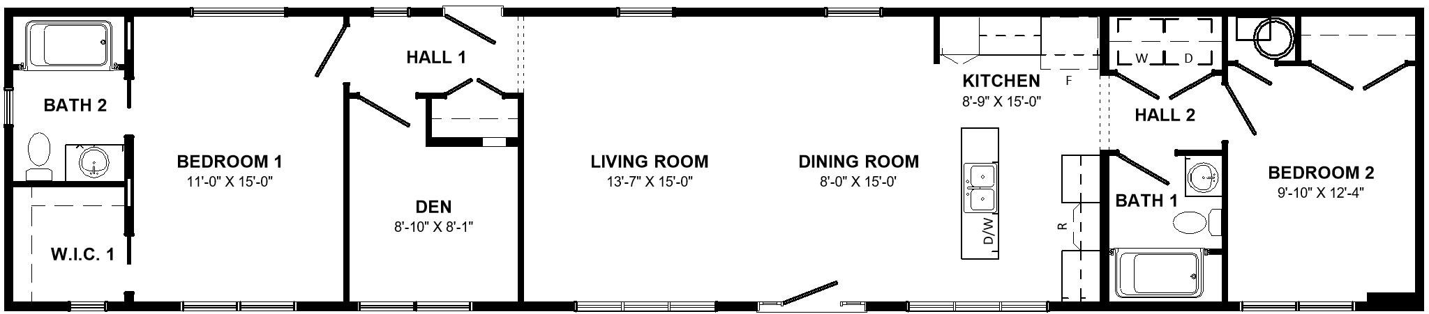Floor plan of a house with two bedrooms, two bathrooms, a living room, dining room, kitchen, den, and hallways.