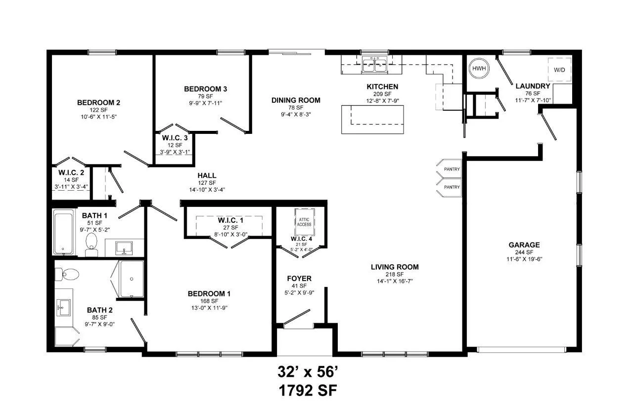 Floor plan of a house with labeled rooms including bedrooms, bathrooms, kitchen, dining room, living room, laundry, garage, and closet spaces, with measurements and square footage provided.