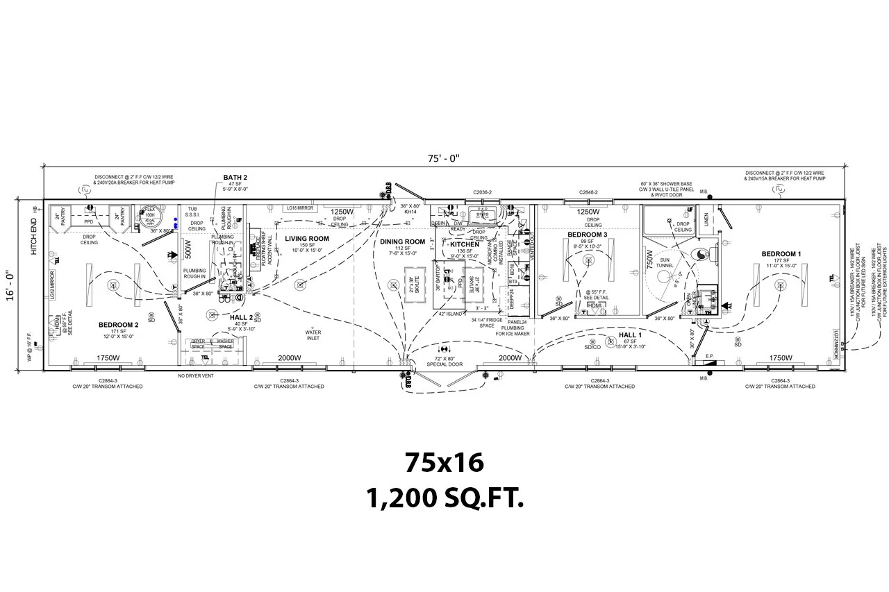 Floor plan of a 1200 square foot, 75 by 16 feet manufactured home layout showing three bedrooms, two bathrooms, living room, dining room, kitchen, hallways, and various utility areas with dimensions and details.