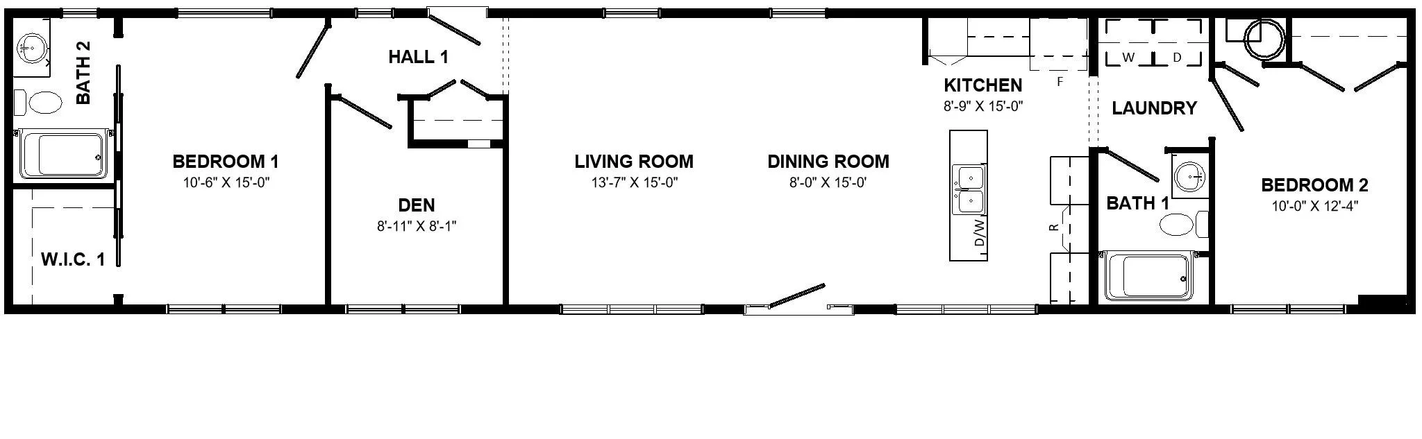 Floor plan of a house with rooms labeled as Bedroom 1, Bedroom 2, Living Room, Dining Room, Kitchen, Two Bathrooms, a Den, Laundry, and Walk-In Closet.