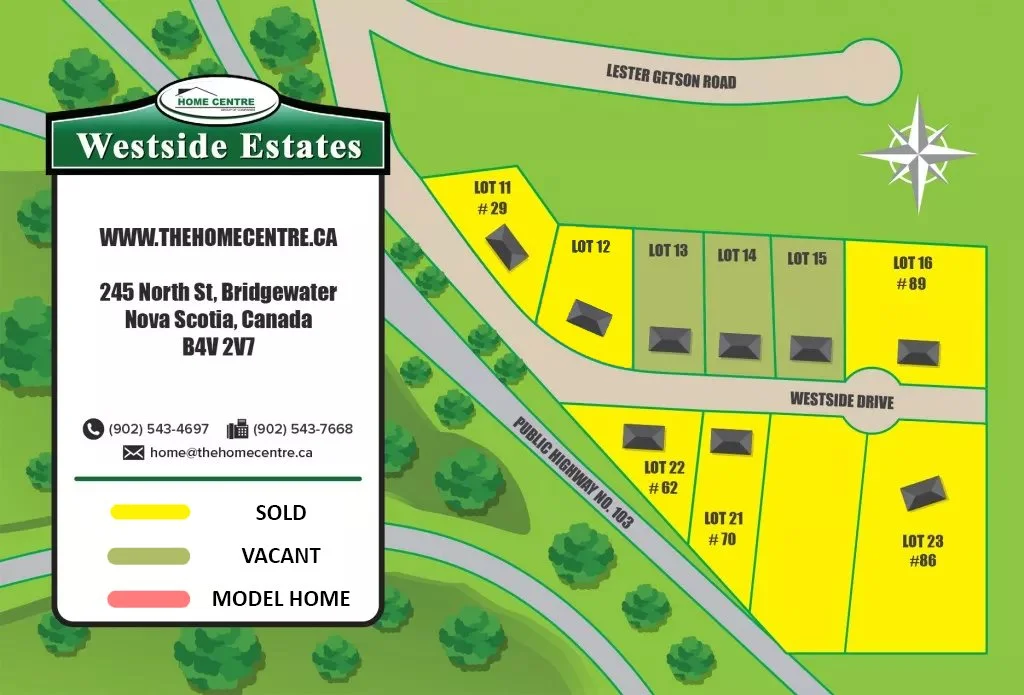 Map of Westside Estates showing sold lots in yellow, with some vacant lots in green and model homes in pink. Includes street names, lot numbers, and contact information for the home center.