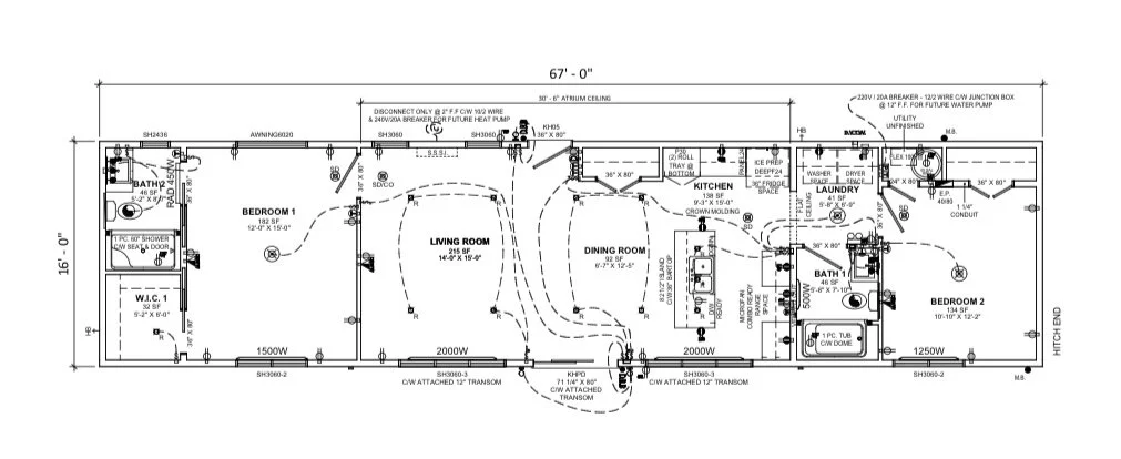 Floor plan of a residential home with labeled rooms including bedroom, living room, kitchen, dining room, laundry, and bathrooms, along with electrical and plumbing details.