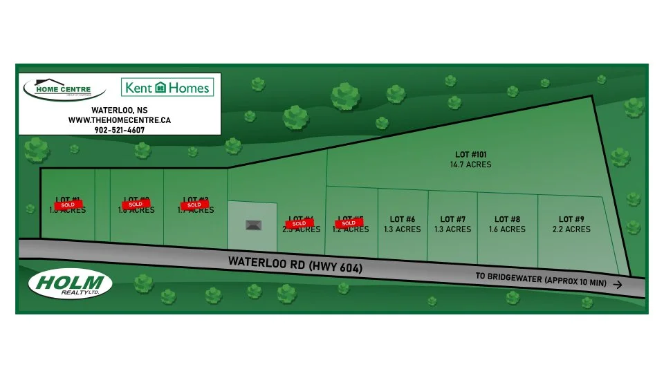 A real estate plot map showing nine lots for sale in Waterloo, Nova Scotia, with some marked as sold, along Waterloo Road, with lot sizes indicated in acres.