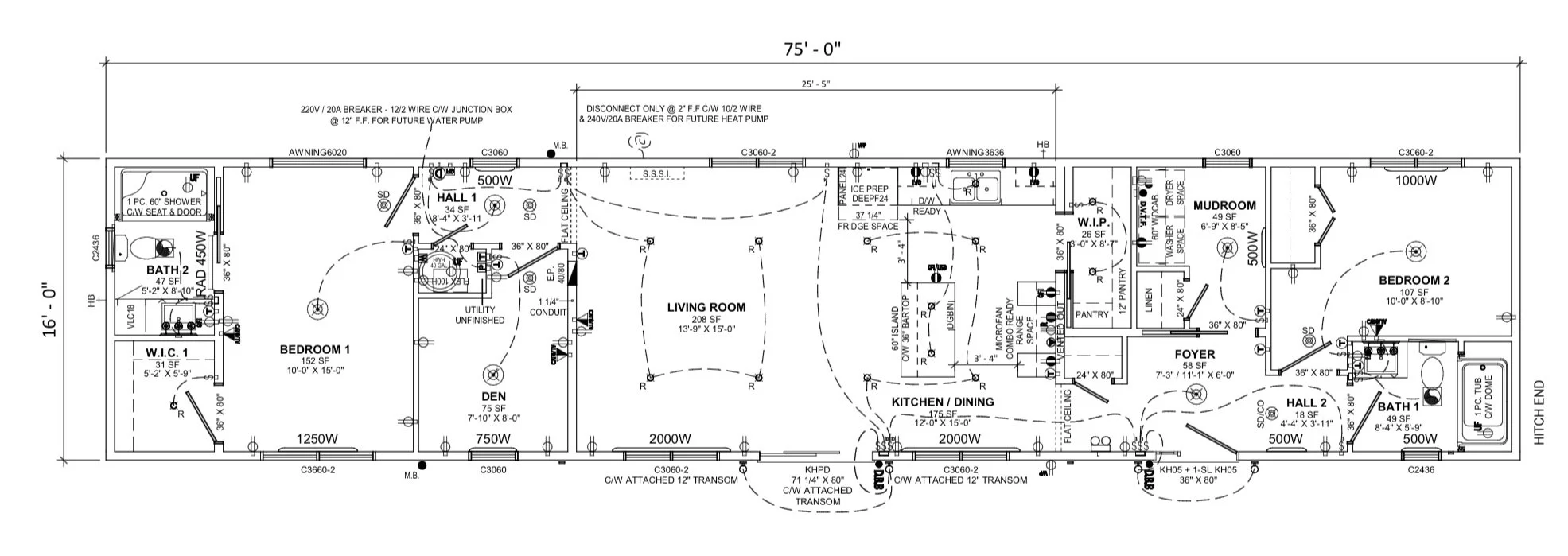 A detailed architectural floor plan of a house layout, including rooms such as living room, kitchen, bedrooms, bathrooms, utility room, foyer, mudroom, and hallways, with measurements and annotations for construction.