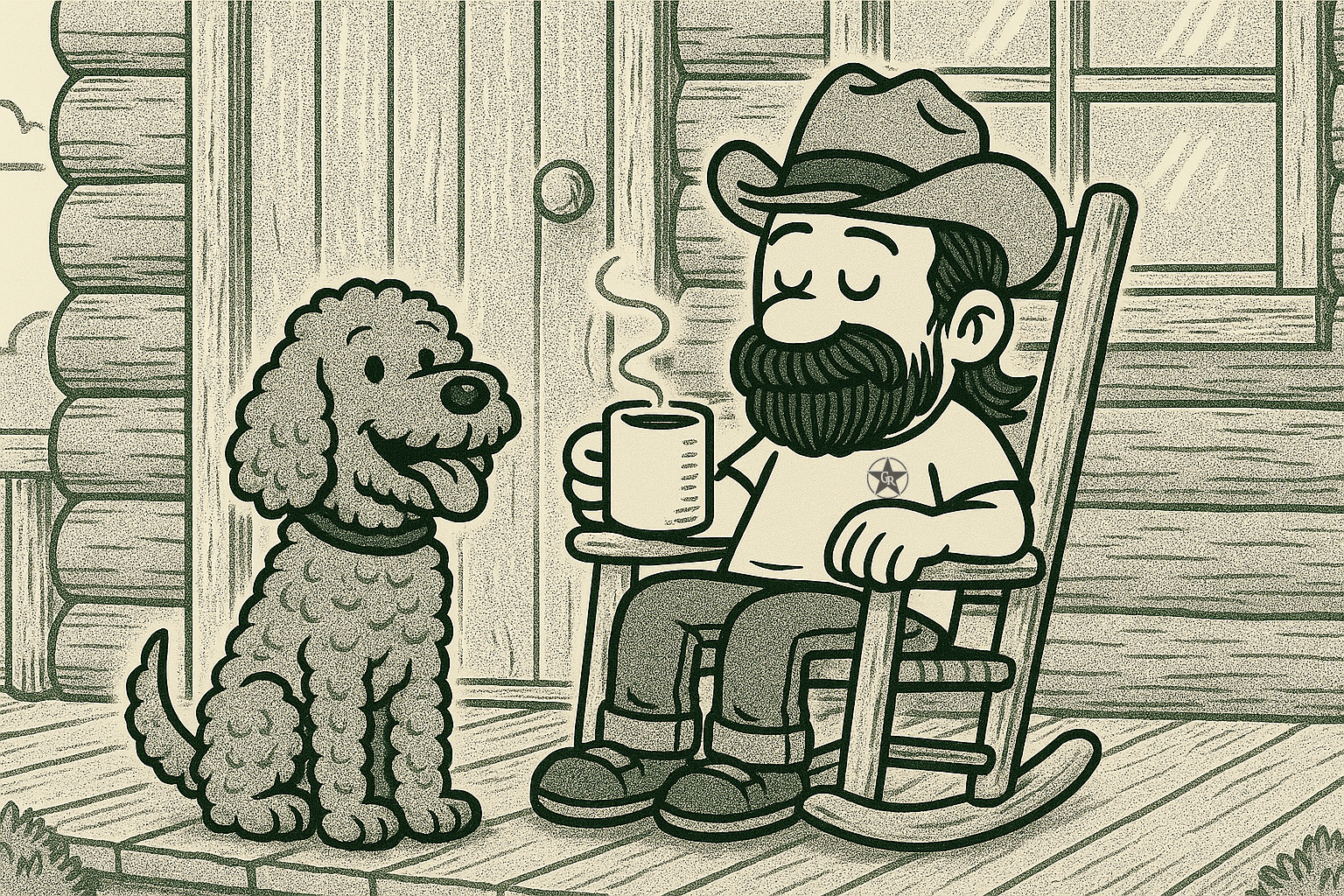 A bearded man with a hat sitting in a rocking chair on a porch, holding a steaming mug, with a smiling curly-haired dog sitting beside him.