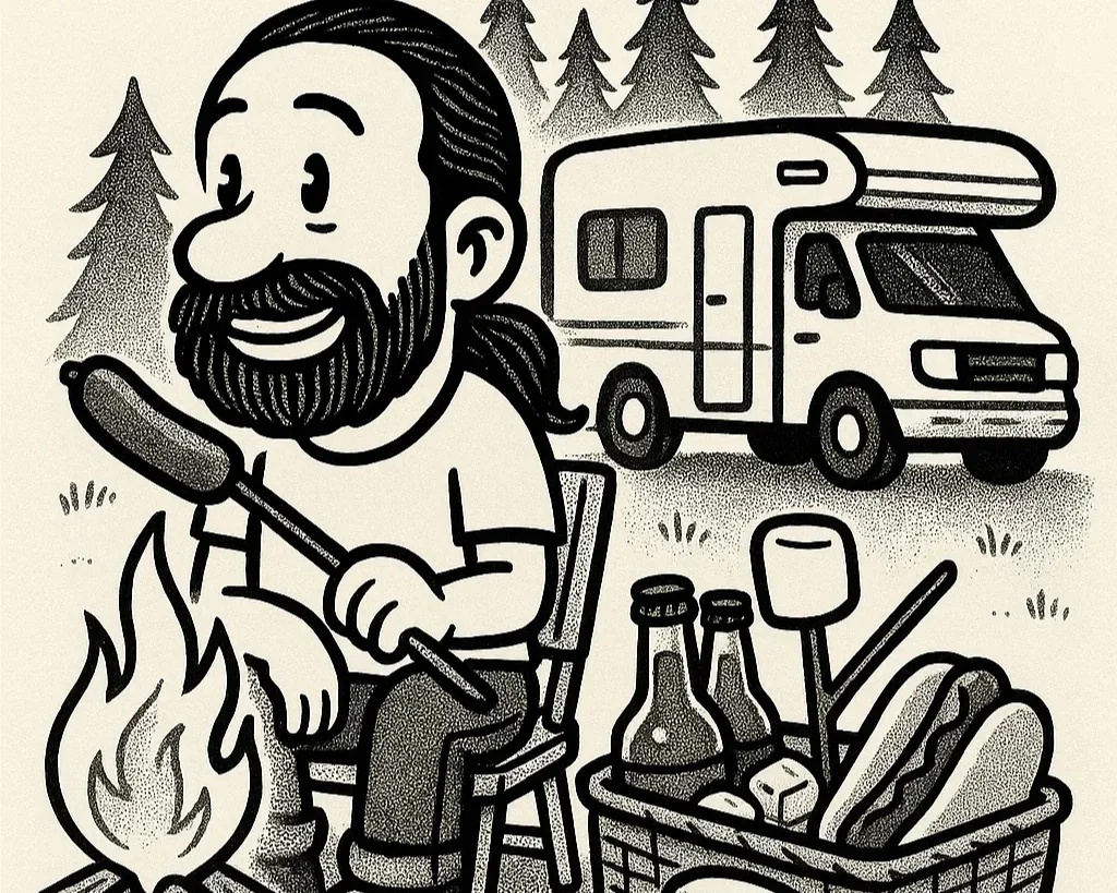 A cartoon man with a beard and long hair sitting on a camping chair, smiling and roasting a hot dog over a campfire in a forest, with an RV in the background, a picnic basket with drinks and snacks nearby.