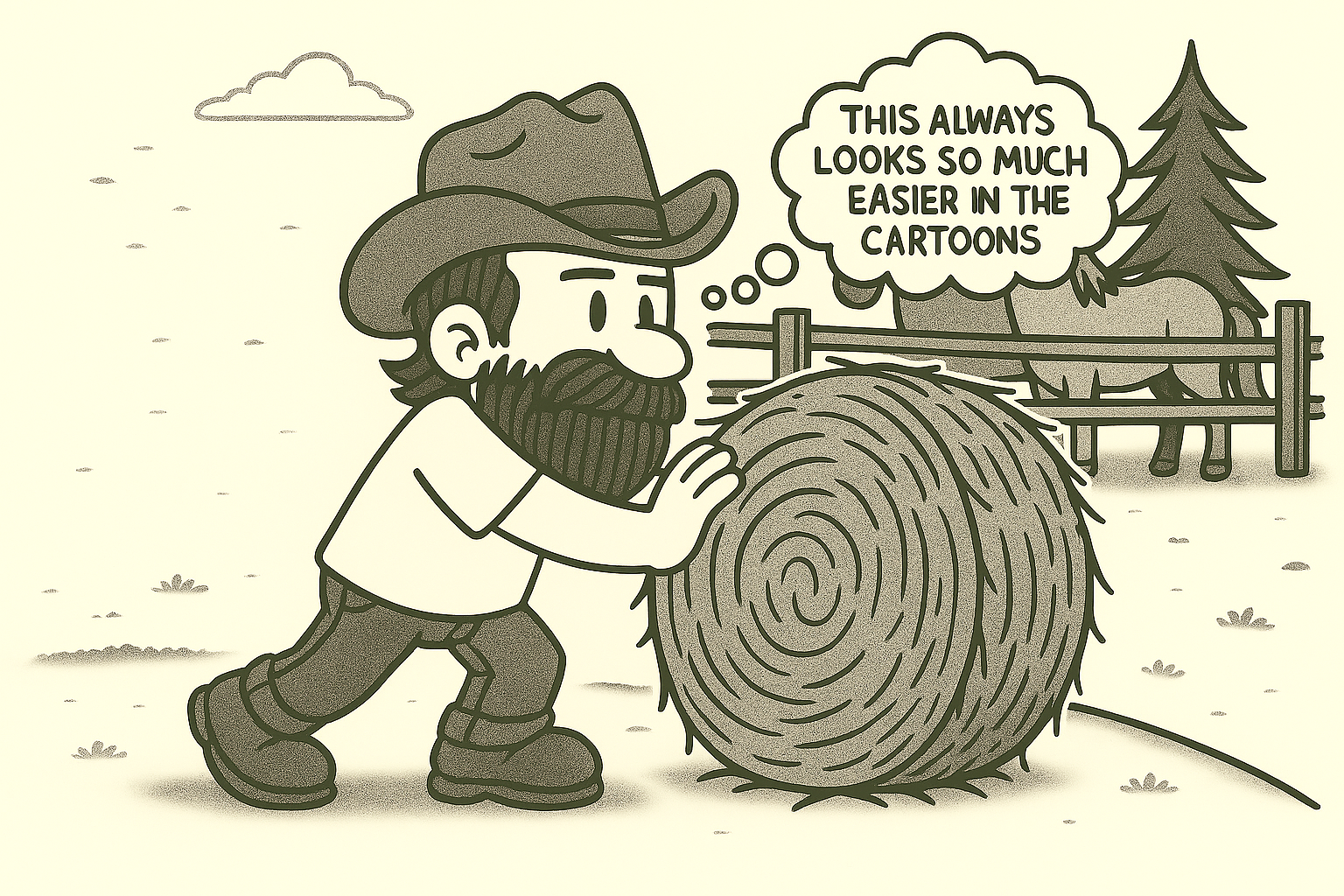 A cartoon man with a beard, wearing a cowboy hat, pushes against a large log in a field with grass, a fence, a tree, and a cloud in the background. He has a speech bubble that says, 'This always looks so much easier in the cartoons.'