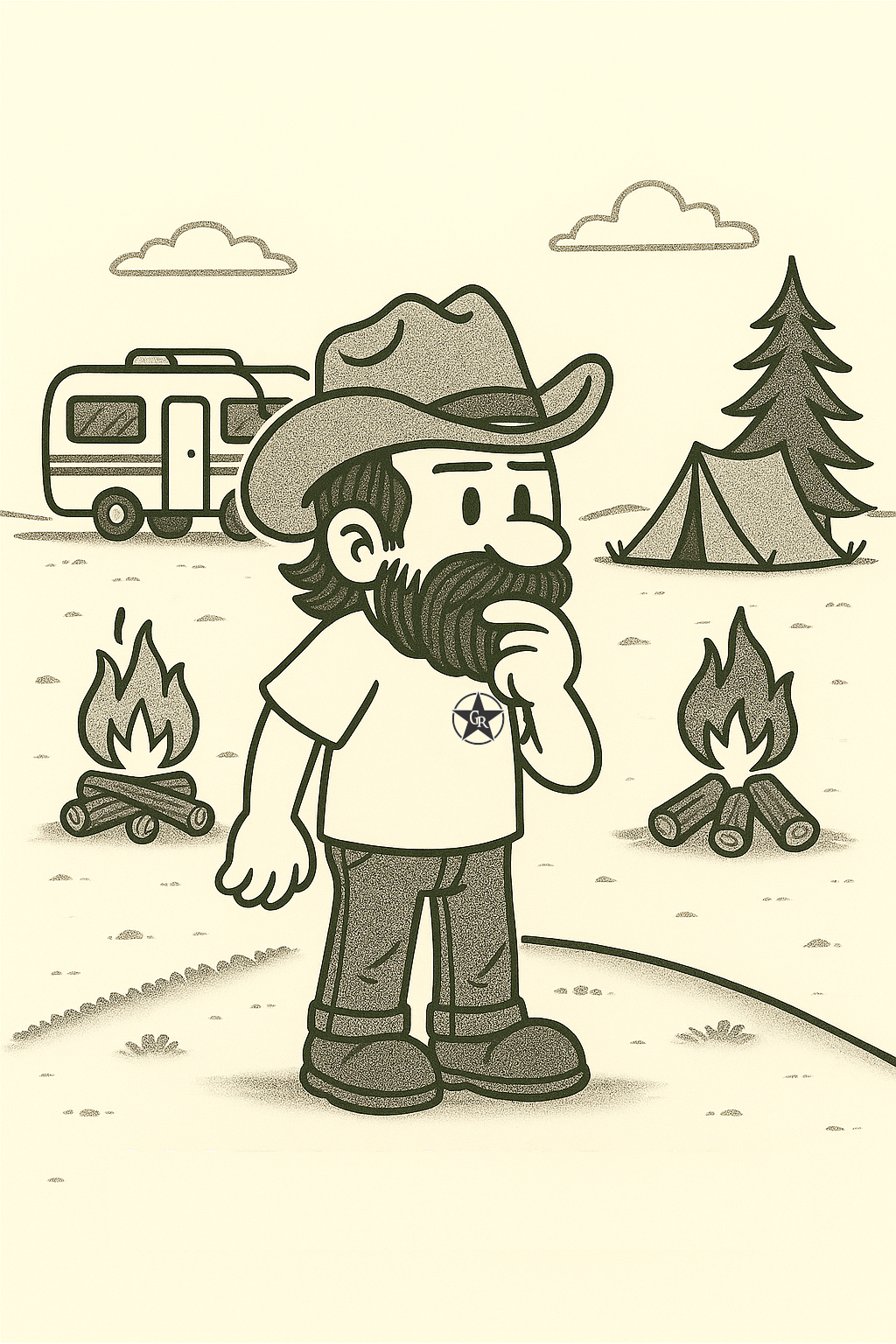 Illustration of a man with a beard and cowboy hat standing outdoors among campfires, a tent, and pine trees, with an RV in the background.