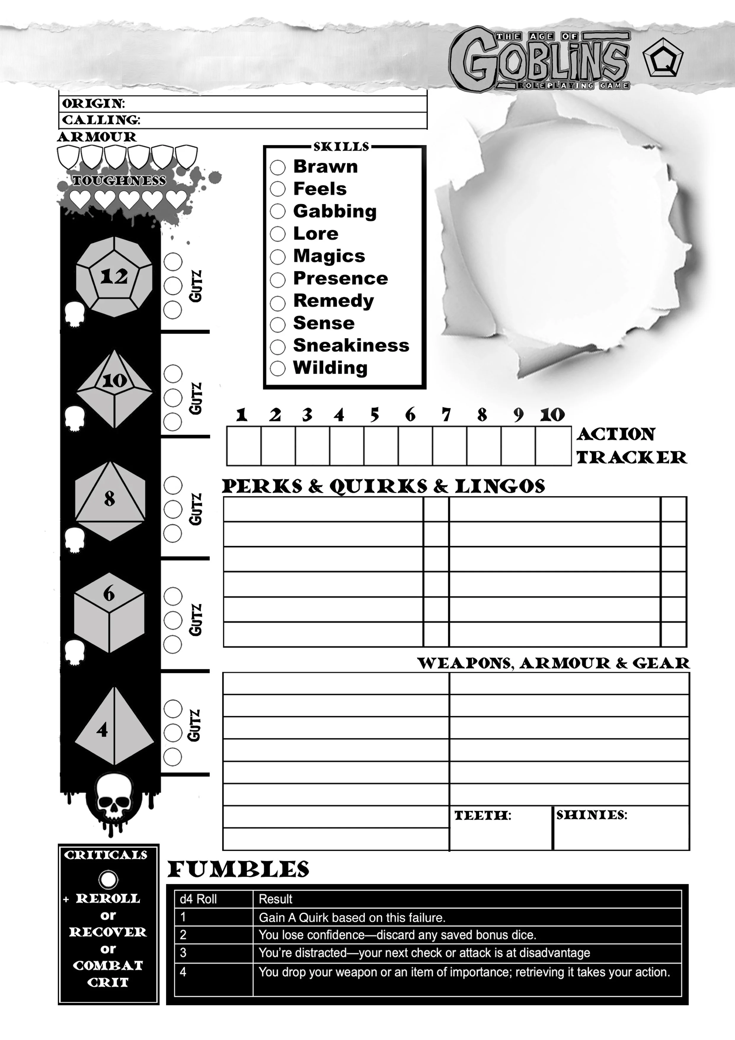 A4 Age of Goblins character sheet (Black and White)