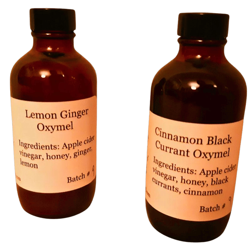 Lemon Ginger Oxymel, the other Cinnamon Black Currant Oxymel, containing herbal extracts with ingredients listed on each.