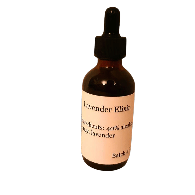 A small glass bottle labeled 'Lavender Elixir' with a dropper cap.