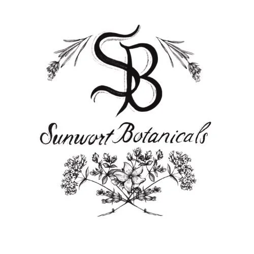 Logo for Sunwirt Botanicals featuring intertwined initials 'S' and 'B', botanical illustrations, and the company name in cursive.