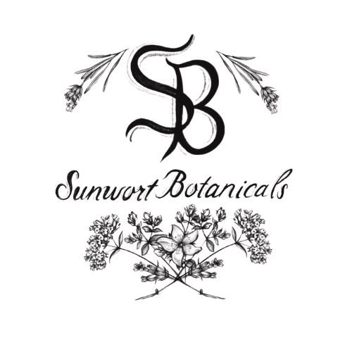 Logo for Sunwort Botanicals featuring a stylized 'S' and 'B', decorated with botanical illustrations of flowers and leaves.