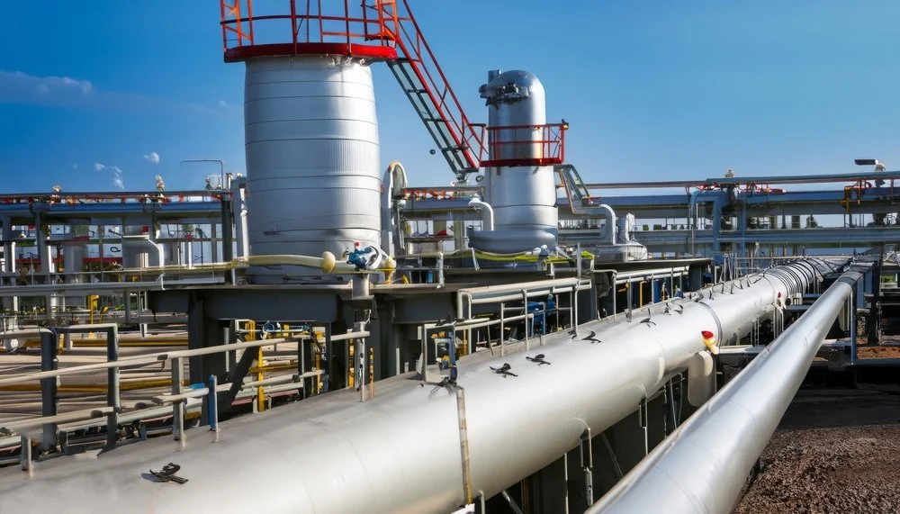 Industrial oil refinery pipes and large tanks under a blue sky.