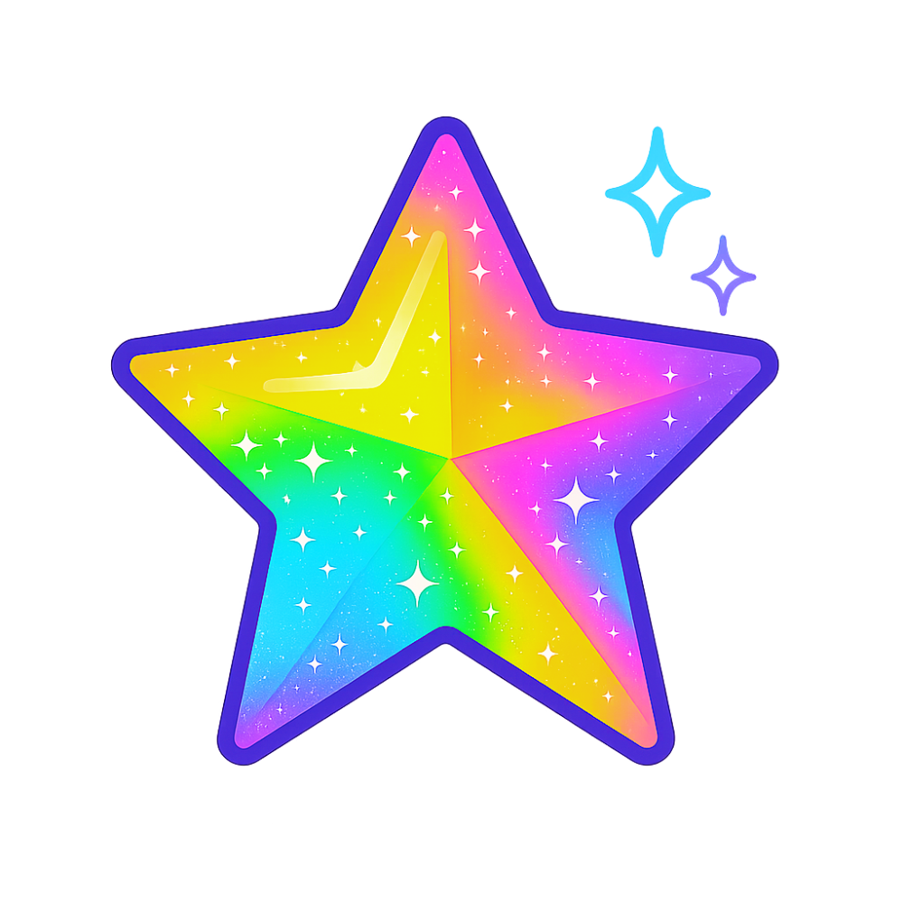 The twisted turtle glitter tattoo icon featuring a rainbow colored star with bright sparkles and tiny stars beside it