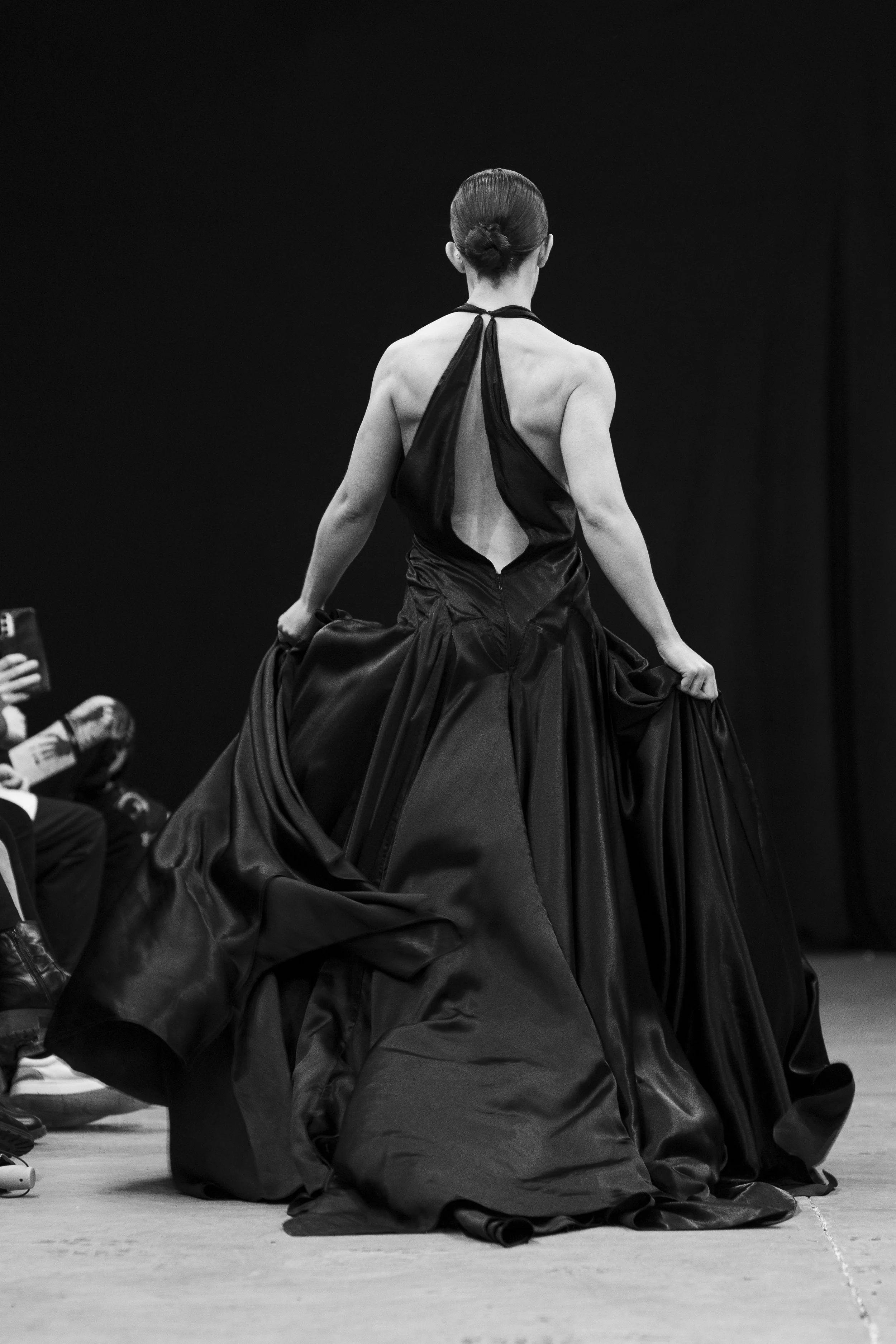 black silk haute couture evening dress gown model on catwalk