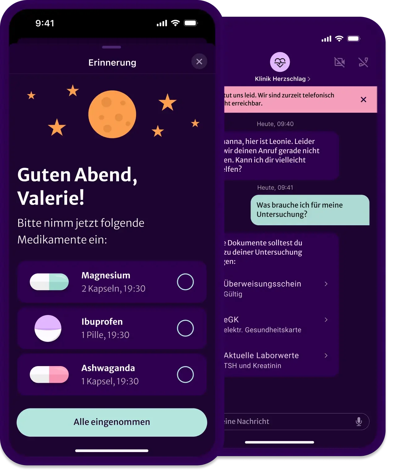 UI/UX-Design Gesundheits-App: Medikamentenerinnerung für eine Patientin und Klinik-Chat mit Terminanfrage und Dokumentenübersicht