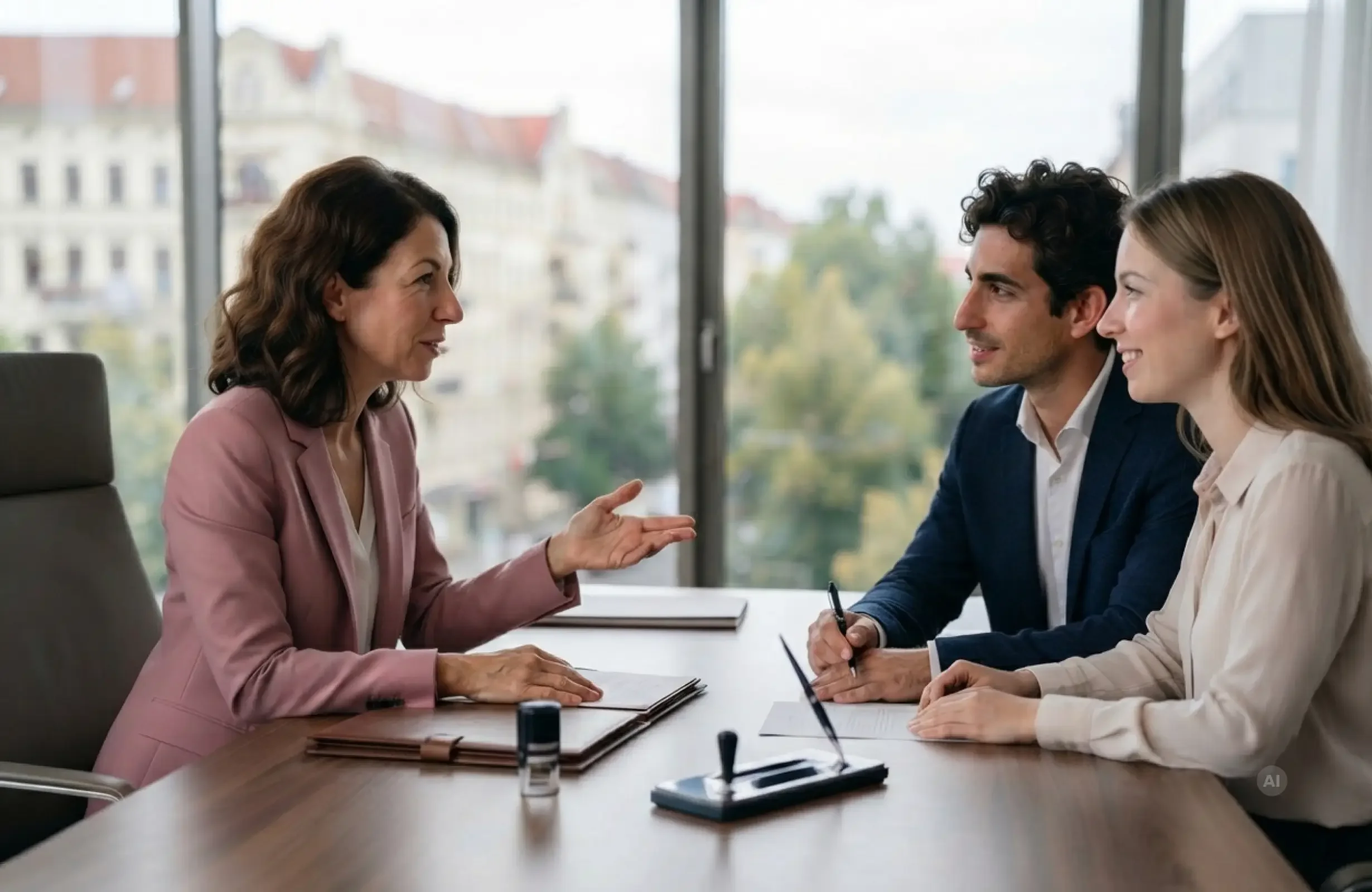 Drei Menschen in einer formellen Besprechung in einem modernen Büro, während die Notarin spricht und die anderen beiden zuhören.