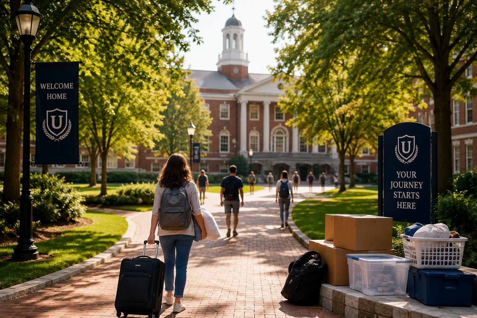 College student arriving on campus with luggage and dorm room essentials for college move-in day.