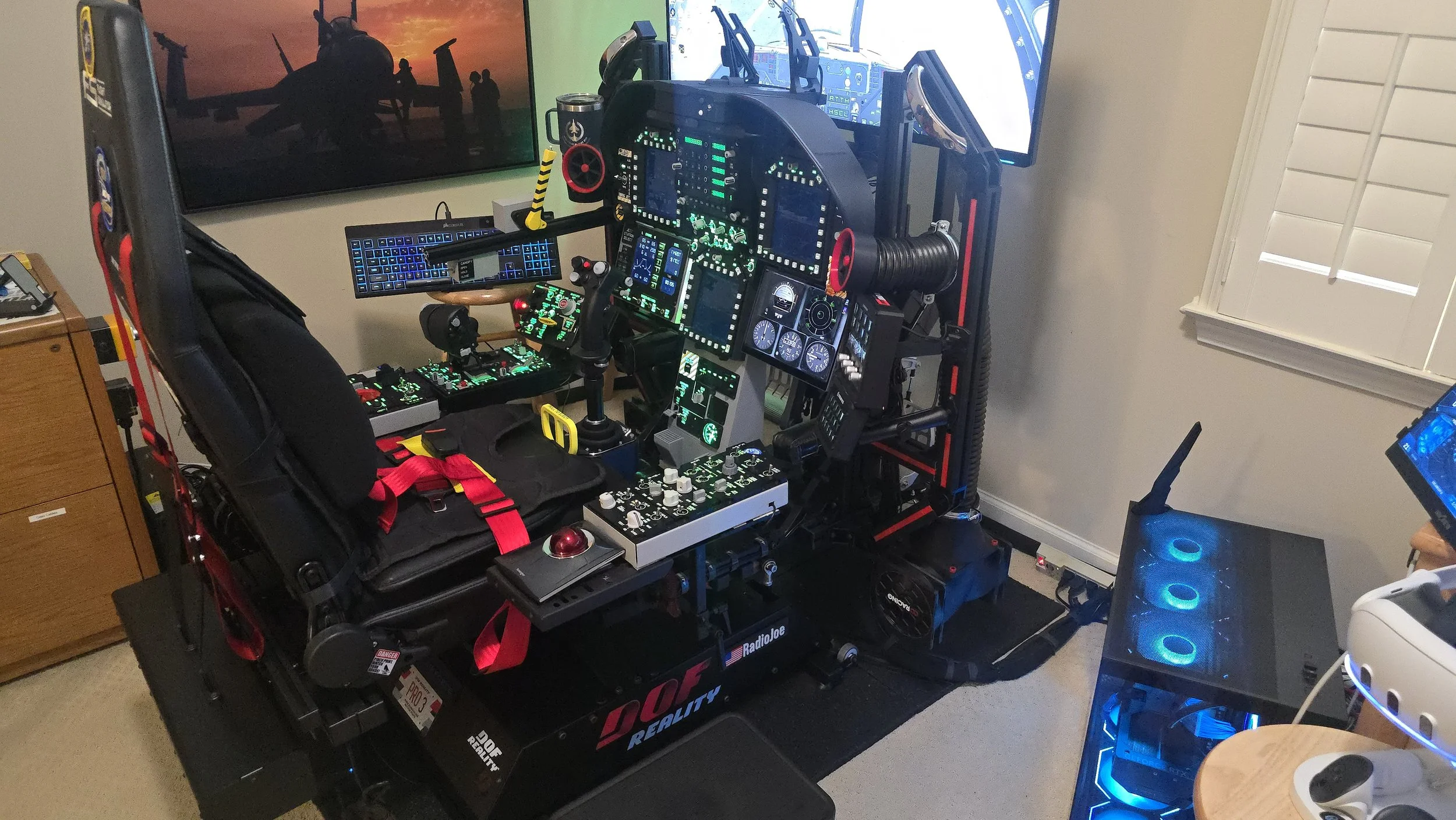 VidCom-AI Sim-Rig V3a Far Right Side Portrait Wide Angle View with Quest3 VR Headset and Qubic-BT1 Seatbelt Tensioner