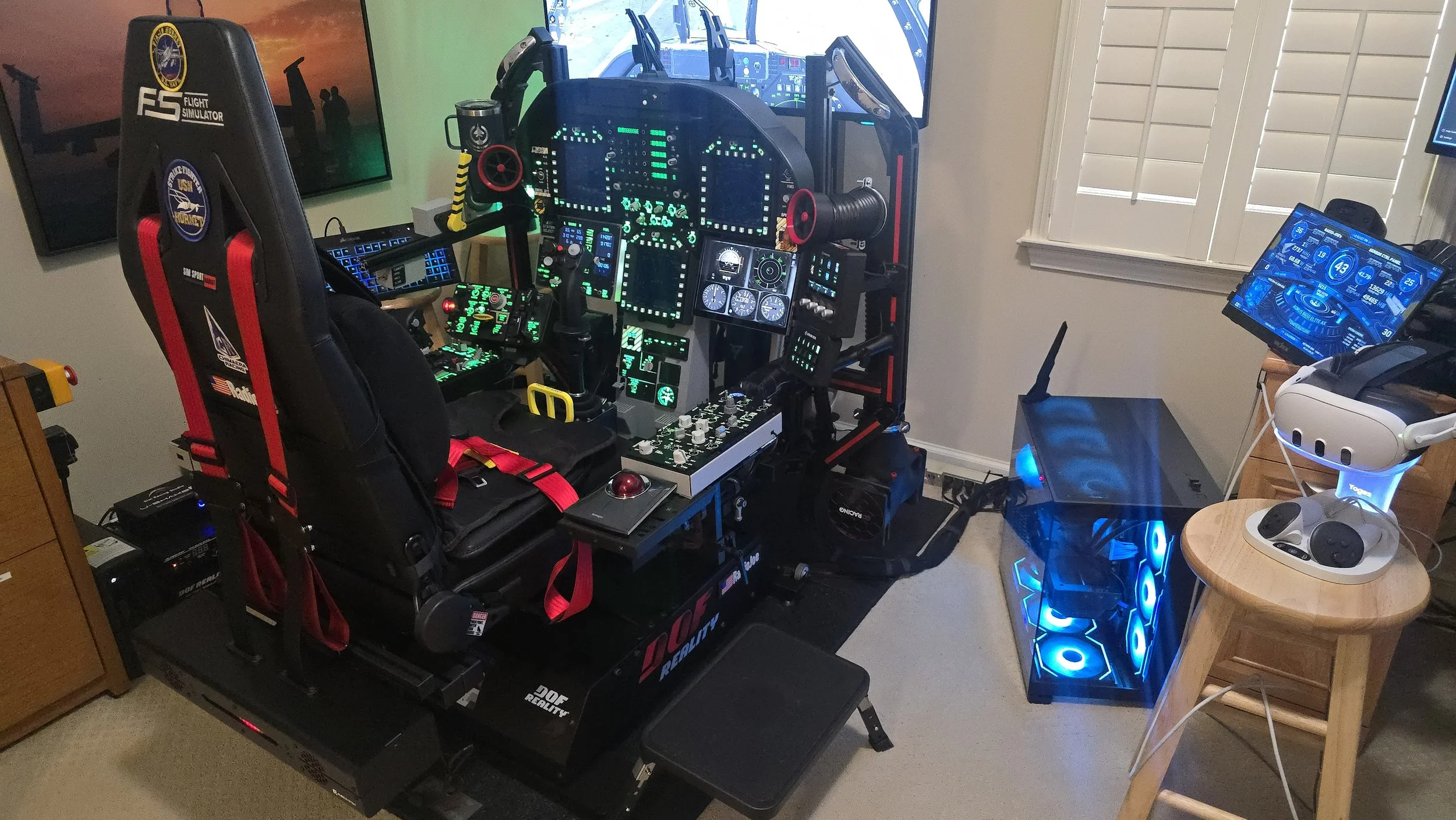 VidCom-AI Sim-Rig V3a Far Right Side Portrait Wide Angle View with Qubic-BT1 SeatBelt Tensioner Quest3 VR Headset & AIDA64 Sensor Panel