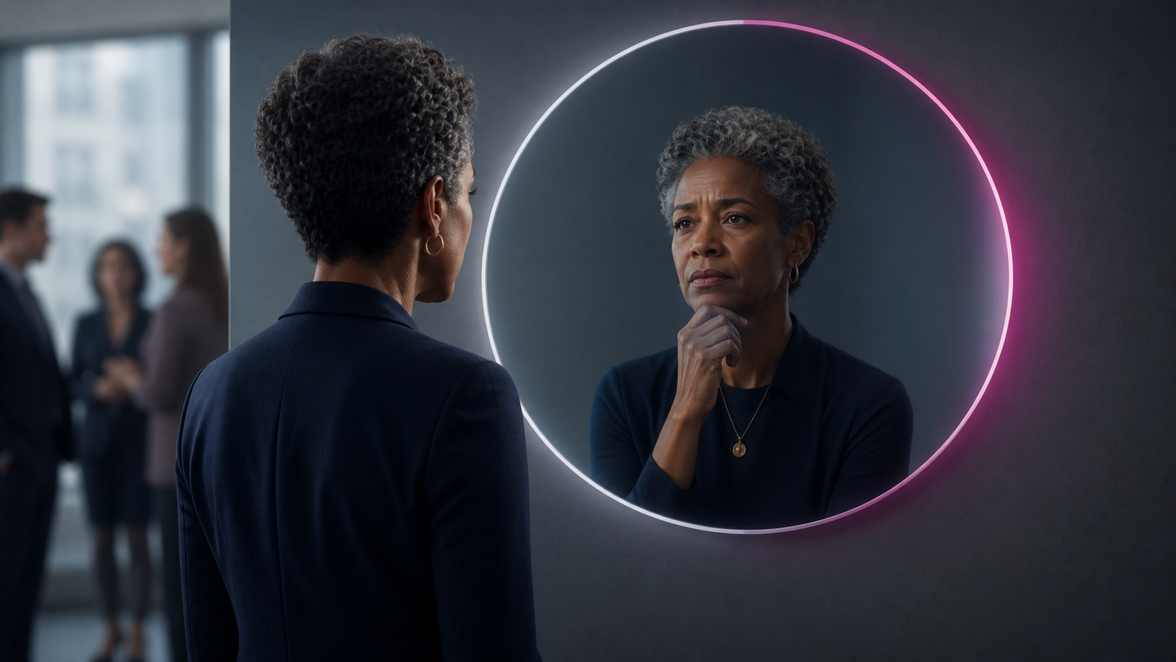 photo of a female leader in her 50's looking in the mirror considering the difference between the way she sees herself and the 360 feedback she got.