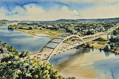 watercolor of 360 bridge in Austin Texas