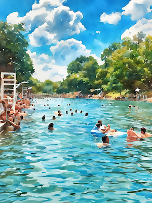 People swimming and playing in Barton Springs in Austin TX on a sunny day with green trees and blue sky with clouds in the background, inviting clients to jump into executive coaching in Austin tX.