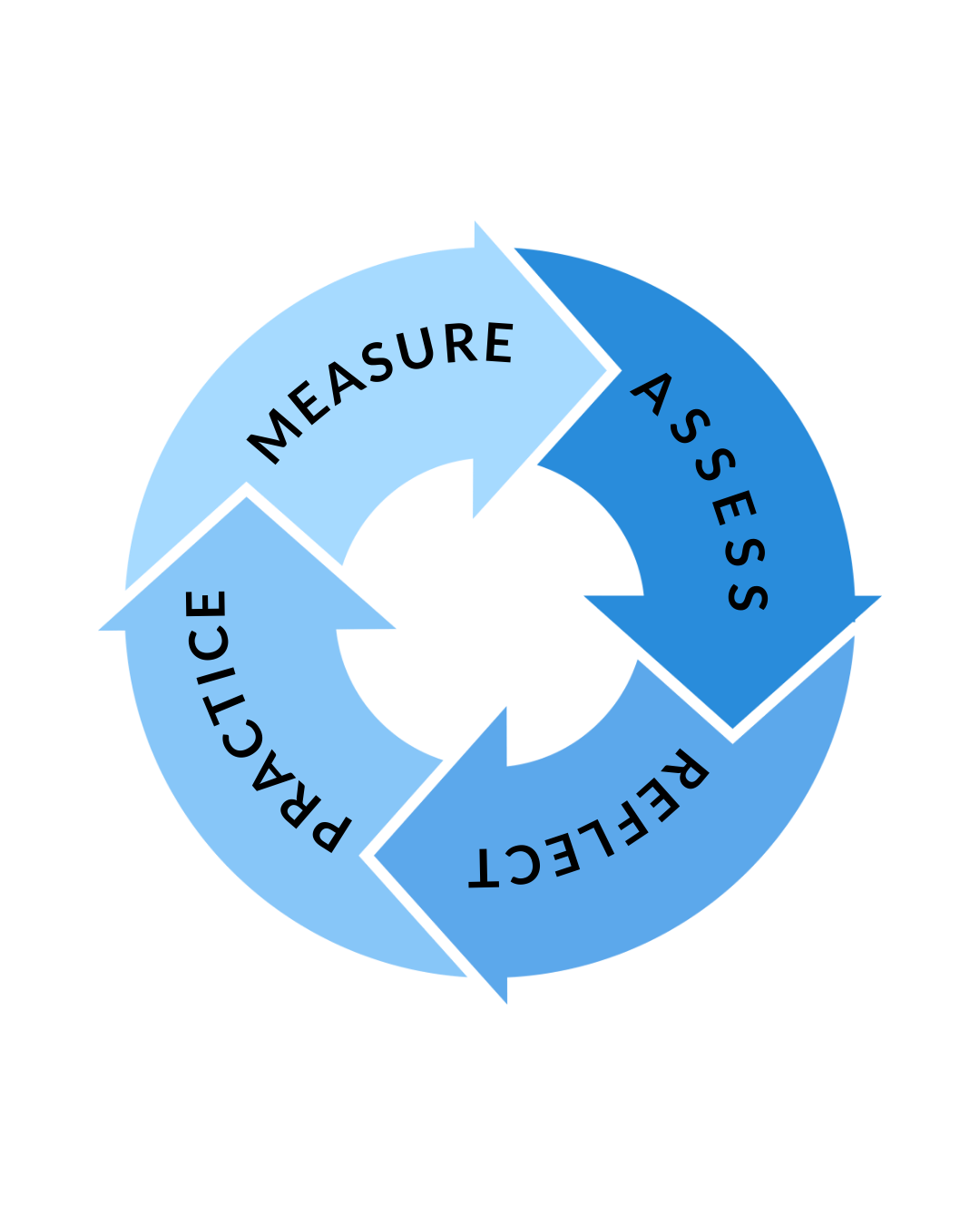 graphic of the cycle of assess, reflect, practice, measure in executive leadership coaching at 360 Coaching in Austin TX.