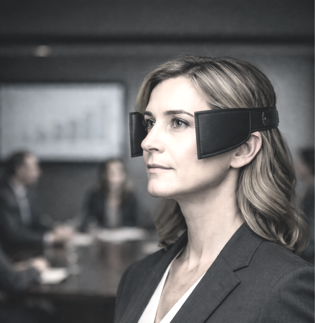 A photo of a strong leader wearing sideblinders so that she can't see the impact she is having.