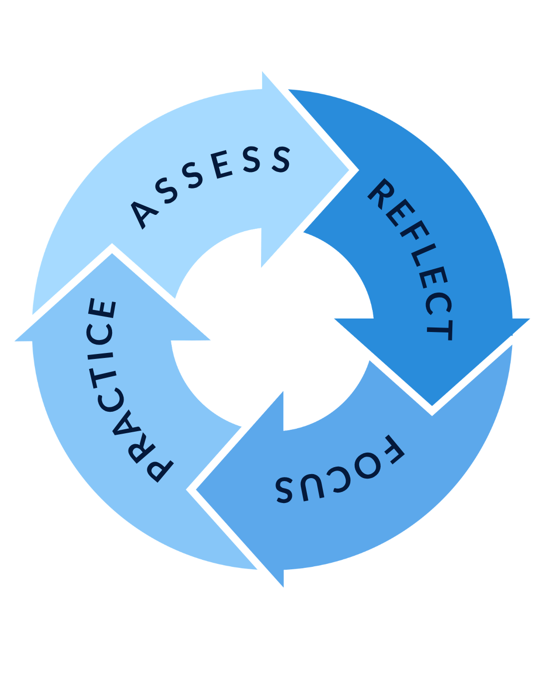 Blue graphic of 360 coaching cycle for executives in Austin TX: assess, reflect, focus and practice.