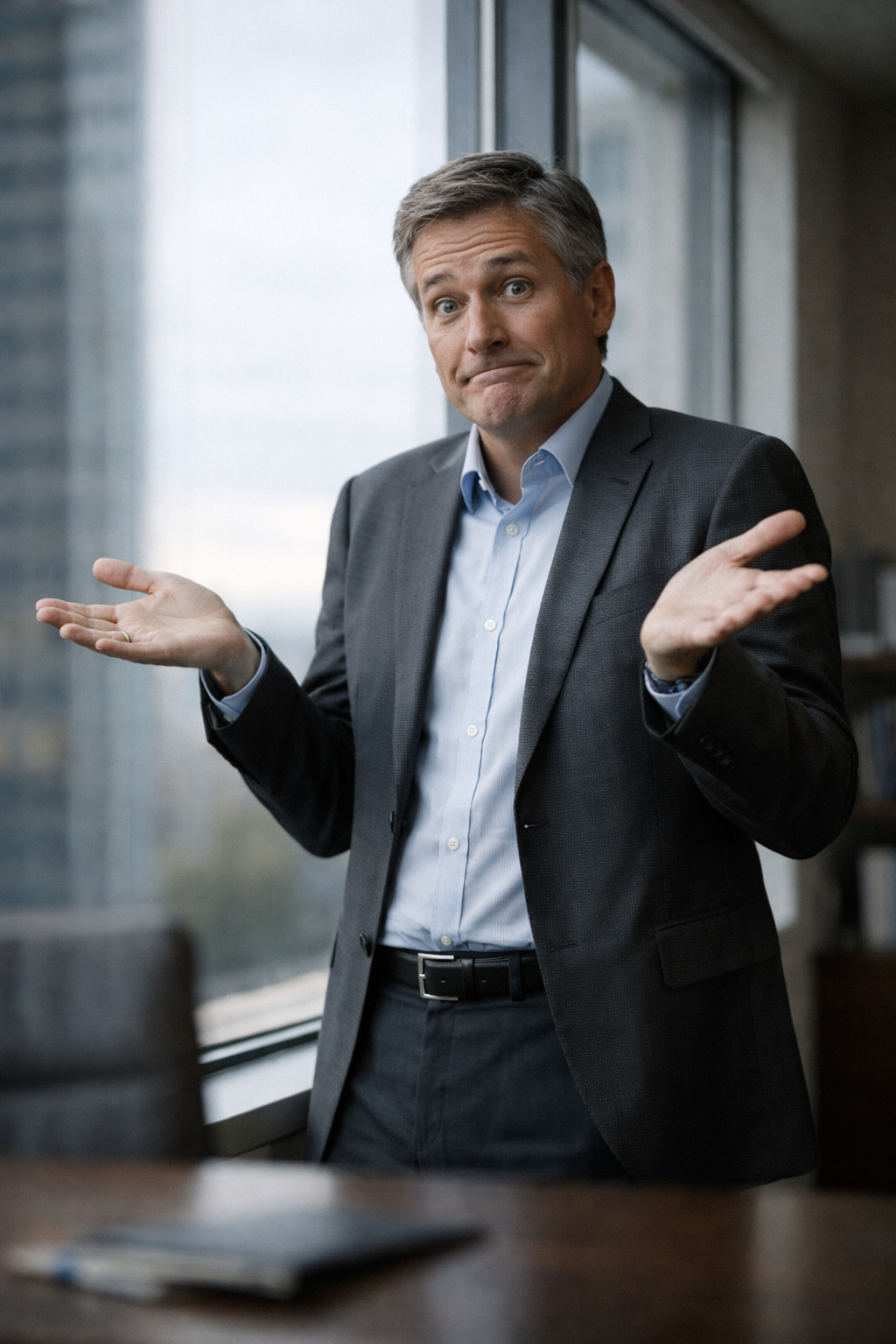 Senior executive alone in a modern office, hands raised in a shrug, capturing the uncertainty and pressure of leadership without clear support.