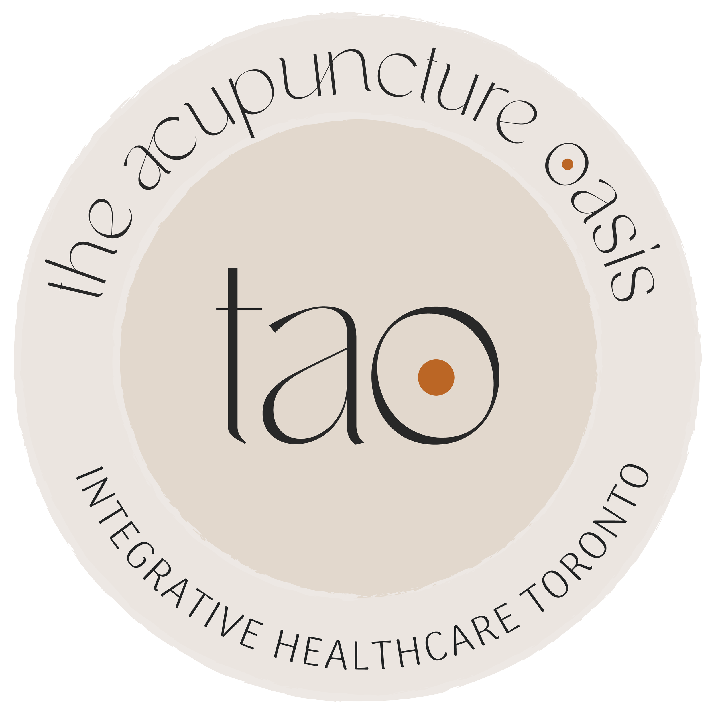 Close-up of a circular badge with the words "the acupuncture of" at the top, and "the" at the bottom, with some additional text in between. The badge has a beige background and black text.