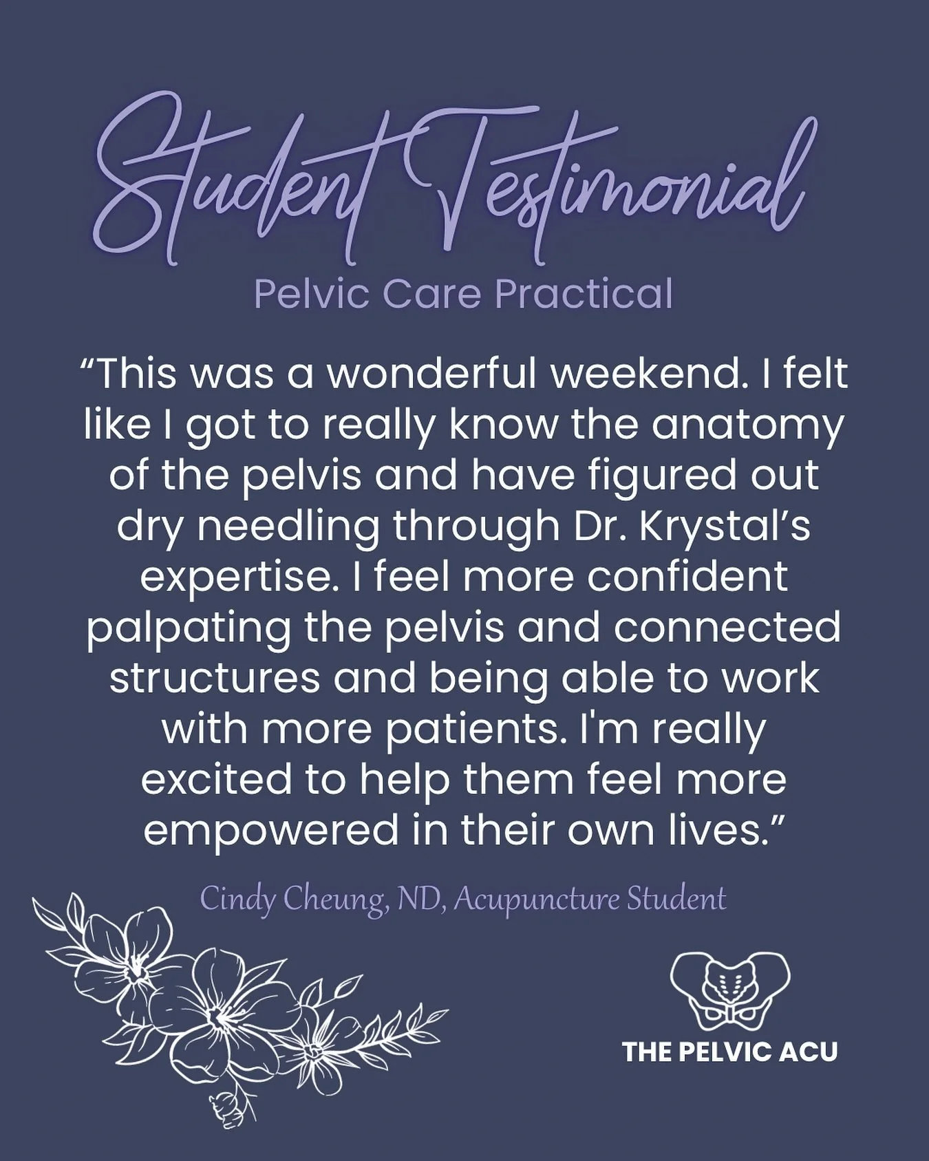✨ Testimonial Tuesday ✨

&ldquo;This was a wonderful weekend. I felt like I got to really know the anatomy of the pelvis and have figured out dry needling through Dr. Krystal&rsquo;s expertise. I feel more confident palpating the pelvis and connected