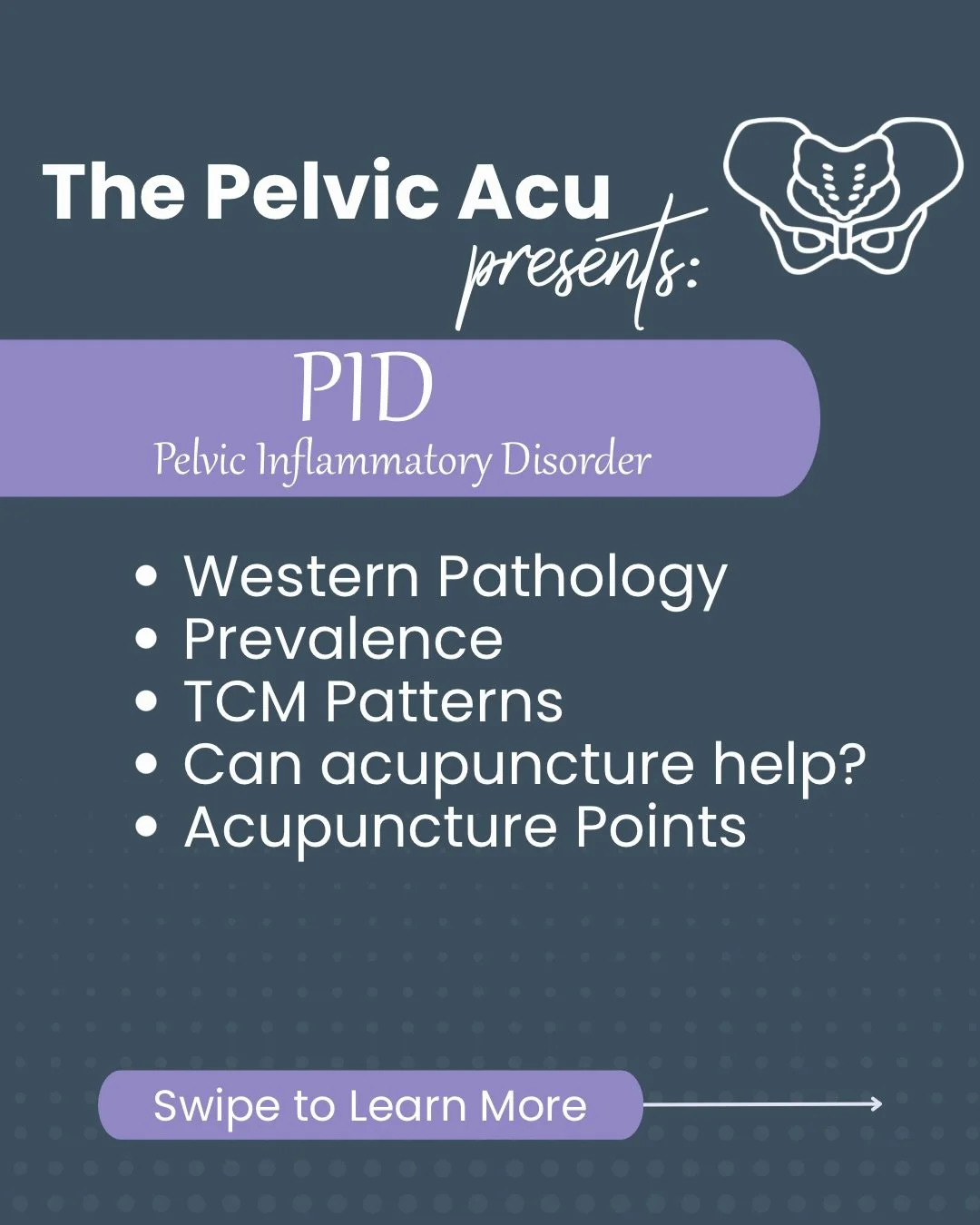 Pelvic Inflammatory Disease (PID) is a serious and often overlooked condition that can lead to chronic pelvic pain and infertility if not addressed early.

This carousel breaks down prevalence, Western pathology, key TCM patterns, point strategies, a
