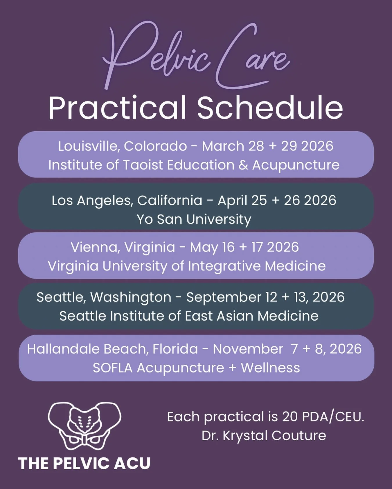 The Pelvic Care Practical tour is stacked this year ✨

Colorado
Los Angeles
Virginia
Seattle
Florida

And another to be announced 🤪

The registrations have been rolling in lately 👀 We are so excited to see this community of pelvic health practition