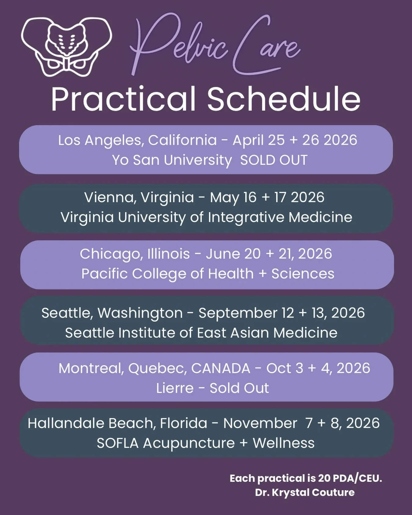 Pelvic care is expanding and so is this movement ✨

After an incredible start to the 2026 season, we are already SOLD OUT in Los Angeles and Montreal and the momentum is only building from here.

We still have limited spots available in multiple upco