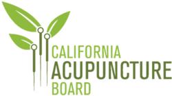 Logo of California Acupuncture Board featuring a green abstract human figure with leaf-shaped arms and a head, alongside the text 'California Acupuncture Board' in green.