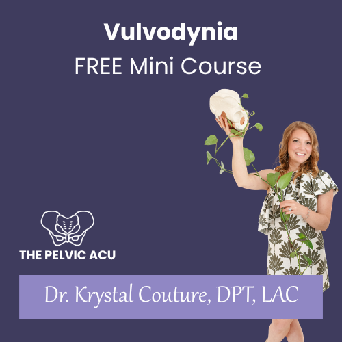 Promotional graphic for Vulvodynia free mini course by Dr. Krystal Couture, featuring her holding a pelvic model and smiling, with a dark purple background.