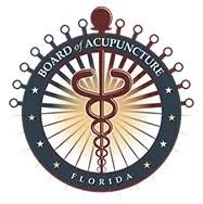 Logo for the Florida Board of Acupuncture featuring a caduceus with a snake wrapped around a staff, set against a circular background with blue and gold colors. Florida Acupuncture certified.