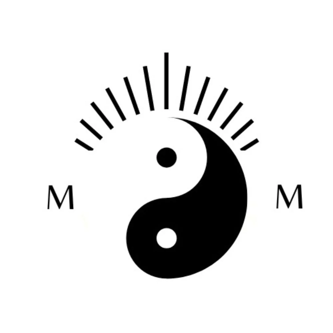 Yin-yang symbol with sun and moon elements, and the letter M on each side.