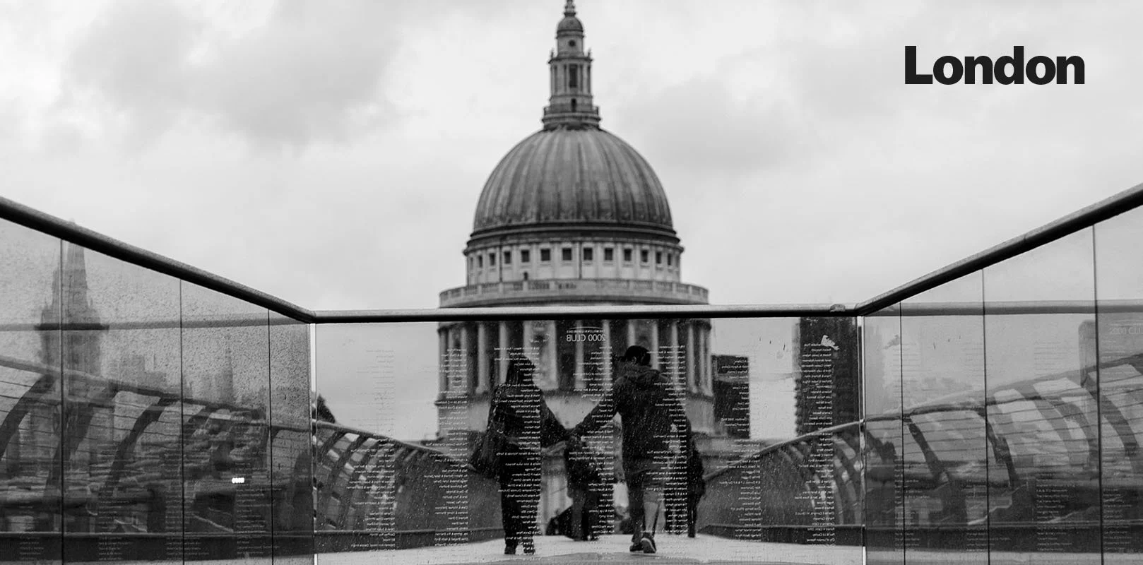 London St Paul's Cathedral and Millennium Bridge black and white panoramic photo