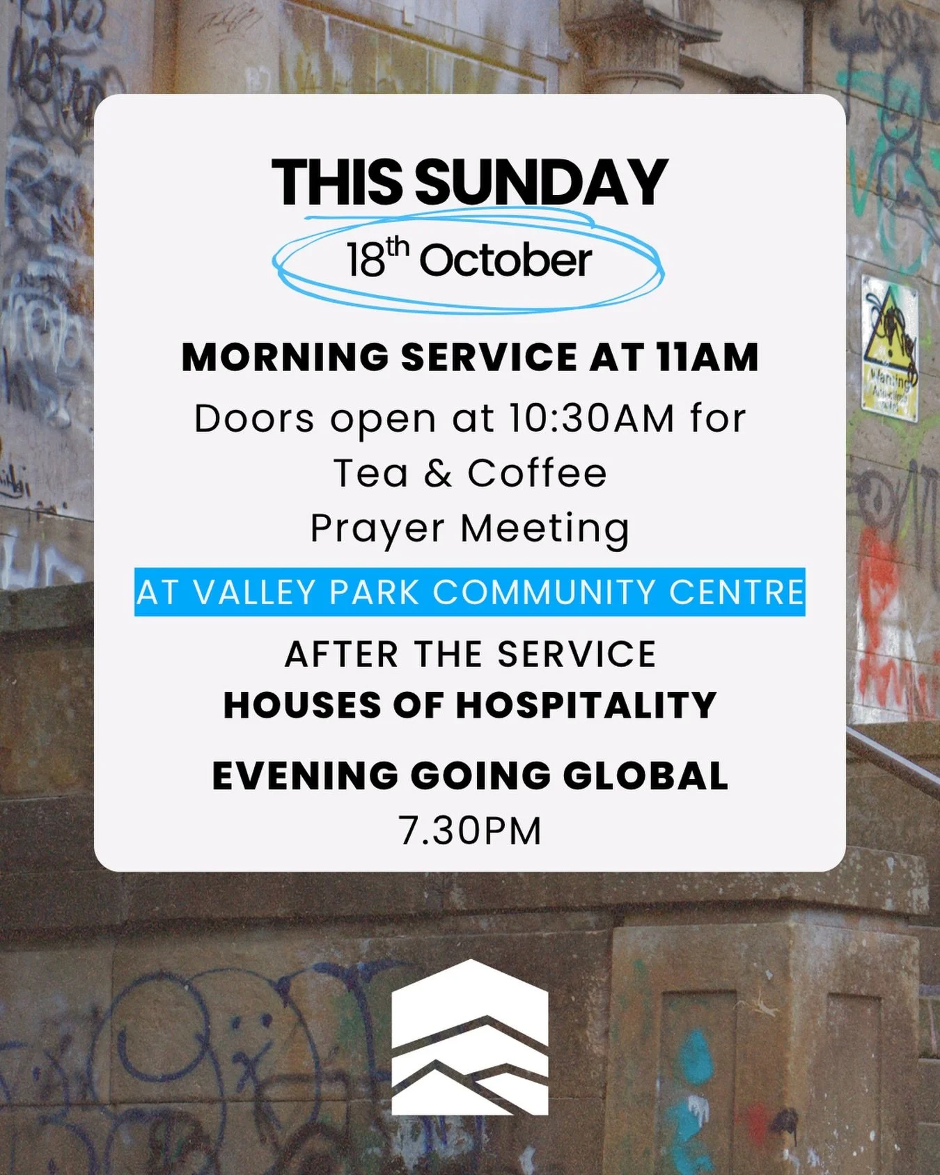We meet every Sunday morning at Valley Park Community Centre

Doors open at 10.30am, come have a cuppa before the service starts at 11am ☕️