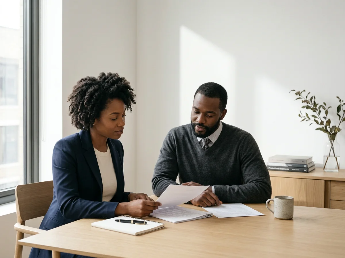Two professionals, a woman and a man, sitting at a table reviewing documents in a bright office with a window and minimal decor.
