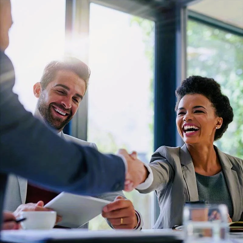 Two colleagues shaking hands, smiling, during a meeting or interview in a bright office.