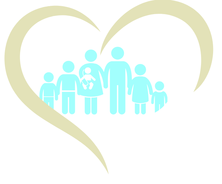 Illustration of a group of people, including adults and children, inside a heart shape held by a hand, symbolizing family and care.