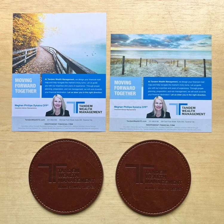 Advertisement Campaign for Tandem Wealth Management. Leather Coasters for Anniversary gift.