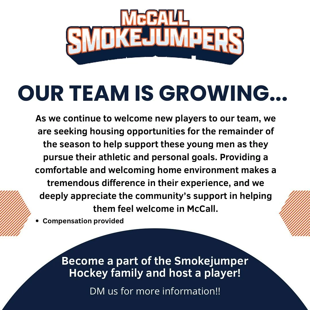 ๐ Our Smokejumper family is growing! We’re looking for local families to open their homes to our players for the remainder of the season.
Help us make McCall feel like home 
 DM us for details about becoming a billet family. ๐งก
#SmokejumpersHo