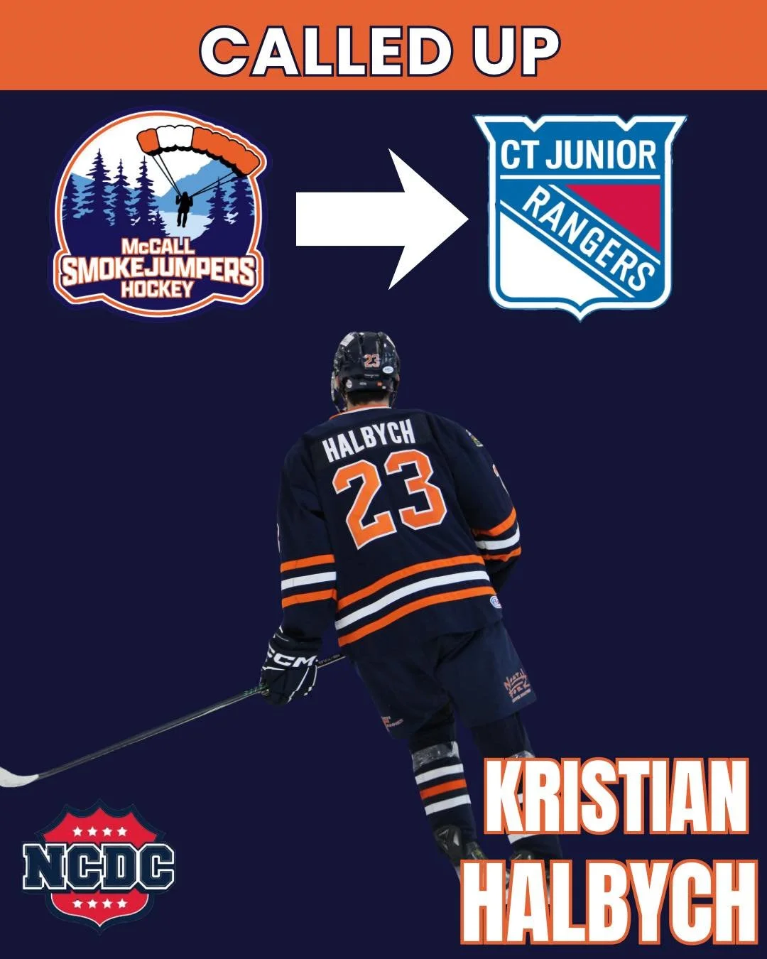 🚨 CALLED UP 🚨
Congrats to Kristian Halbych on the call-up to the CT Junior Rangers! ⬆️🔥 

#SmokejumpersHockey #mccall #usphl #PathToCollege #upandout