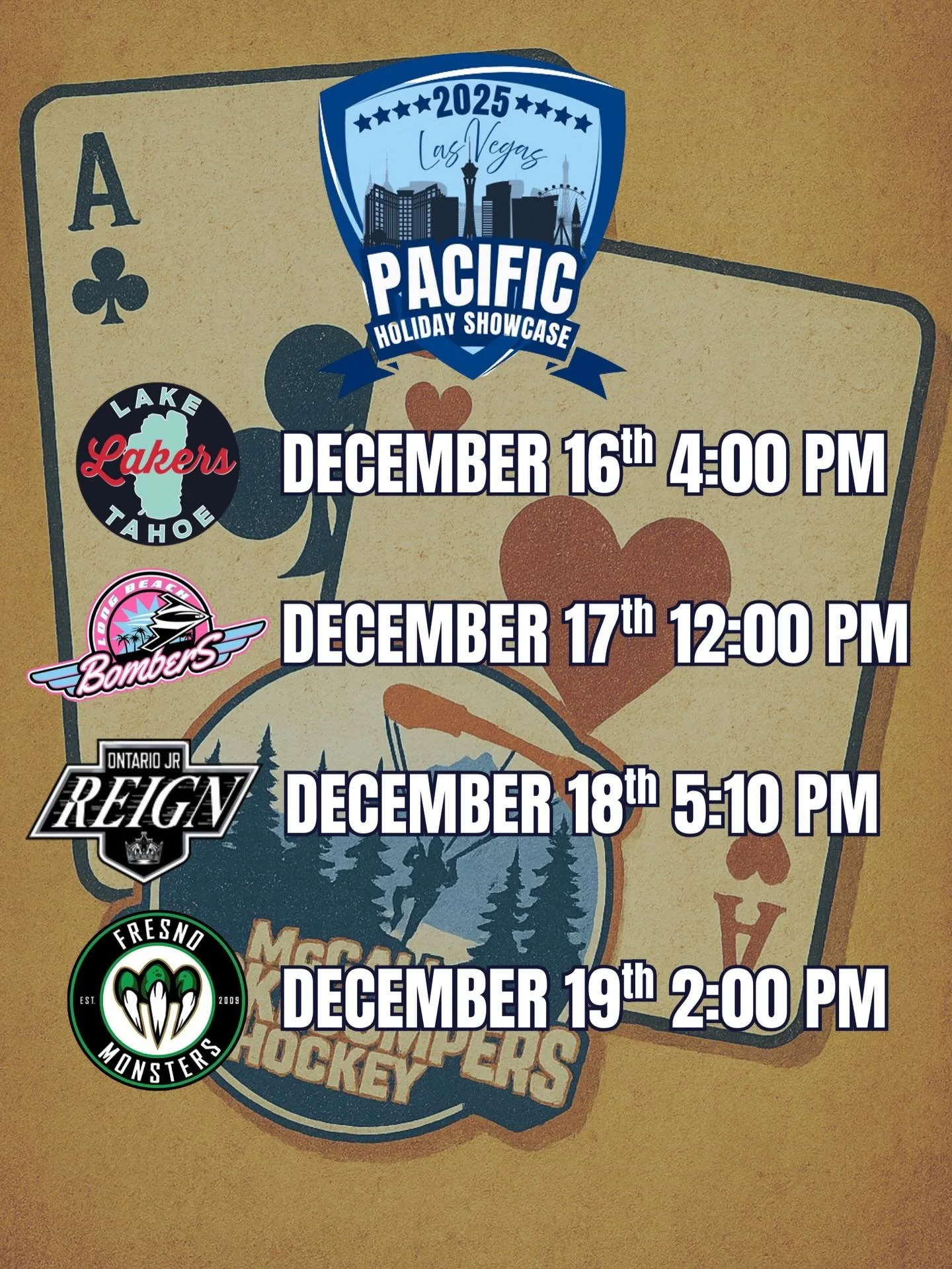 All in. No folding. &spades;️
The Smokejumpers have made it to Vegas for the 2025 Pacific Holiday Showcase.
December 16&ndash;19. 🏒🔥
Tune in on blackbeartv🤙